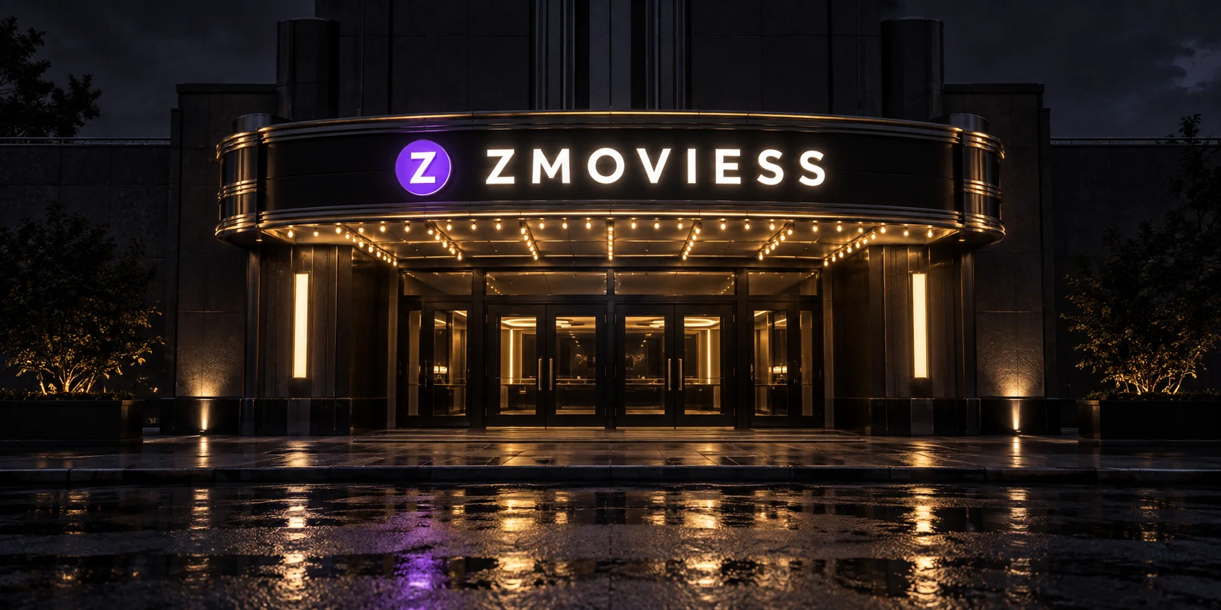 ZMOVIESS illuminated cinema marquee with a purple Z badge at night